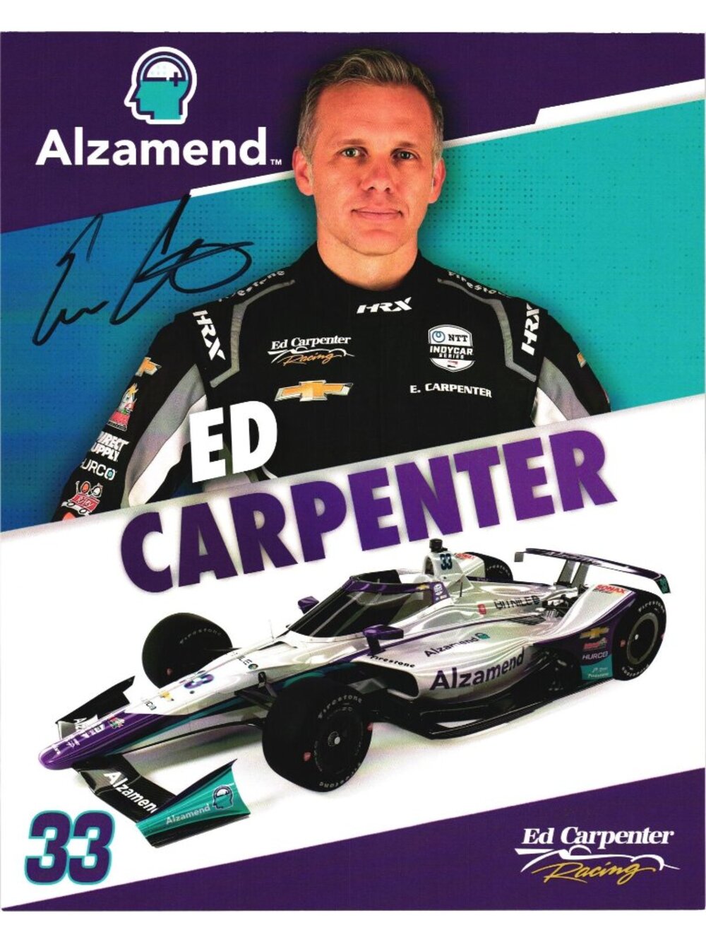 Ed Carpenter Autographed Racing Memorabilia Alzamend 8x10 Postcard Print